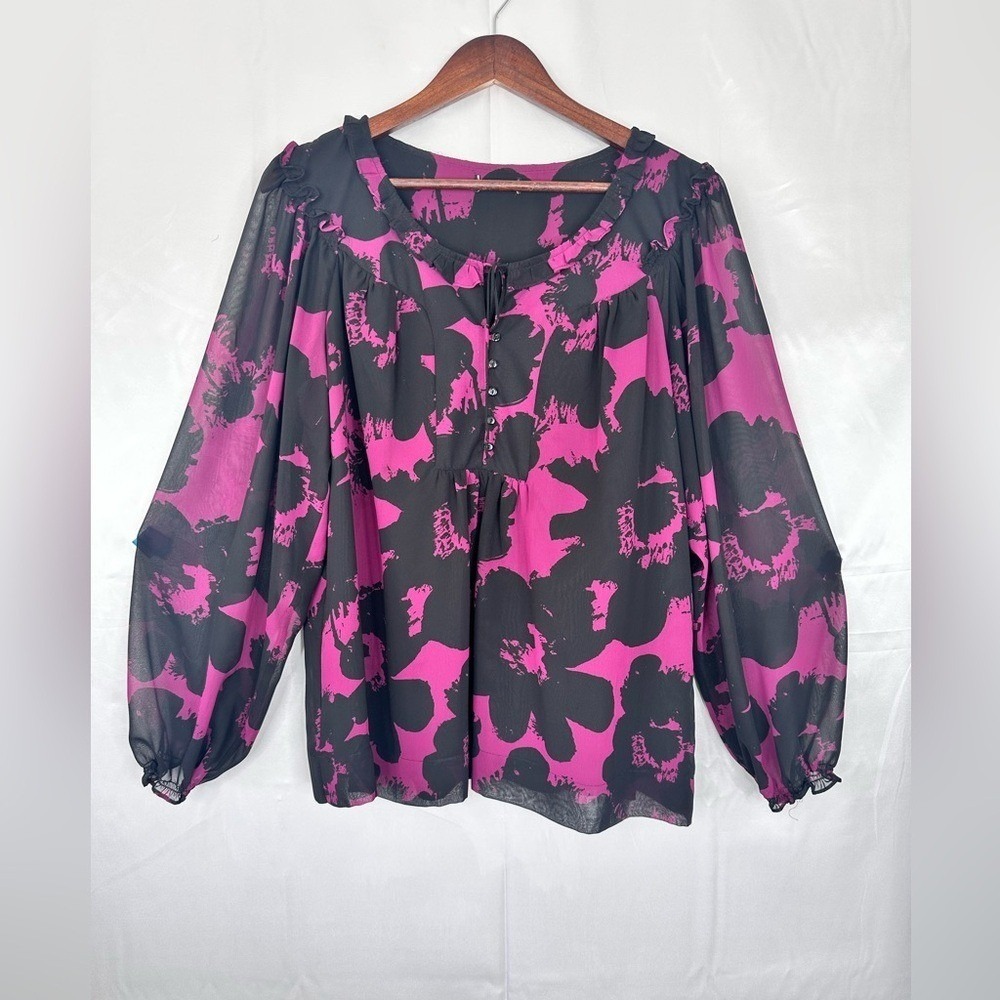 Magenta Black Abstract Floral Chiffon Ruffle Blouse Sheer Long Sleeve Top
